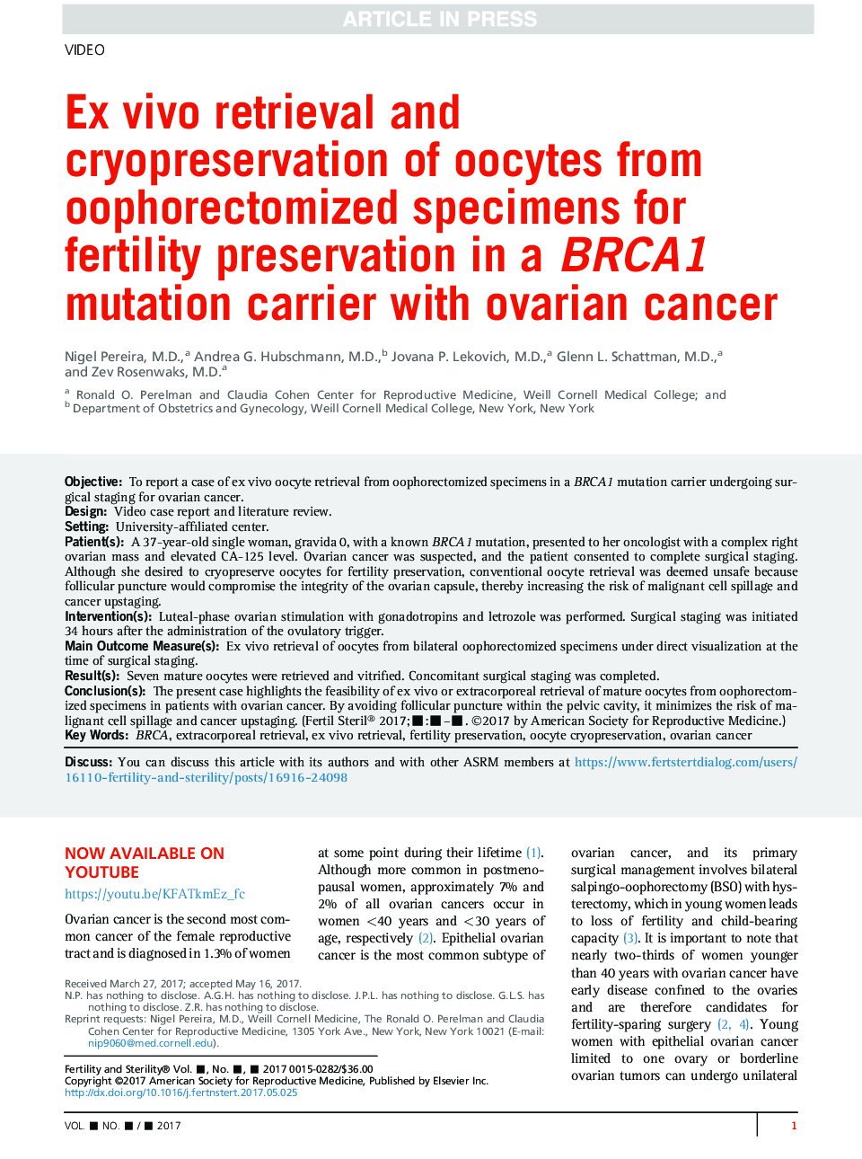 ExÂ vivo retrieval and cryopreservation of oocytes from oophorectomized specimens for fertility preservation in a BRCA1 mutation carrier with ovarian cancer