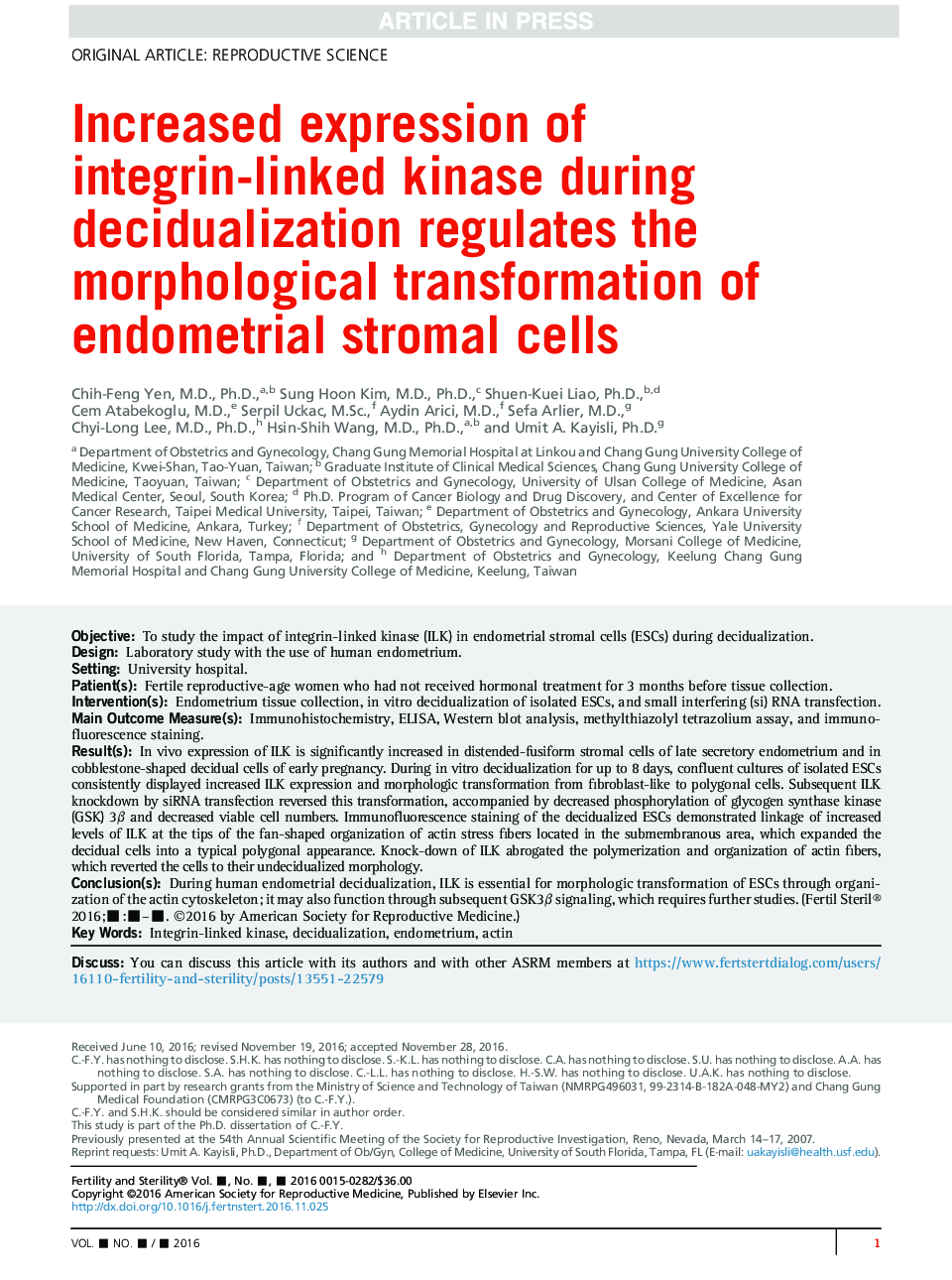 Increased expression of integrin-linked kinase during decidualization regulates the morphological transformation of endometrial stromal cells