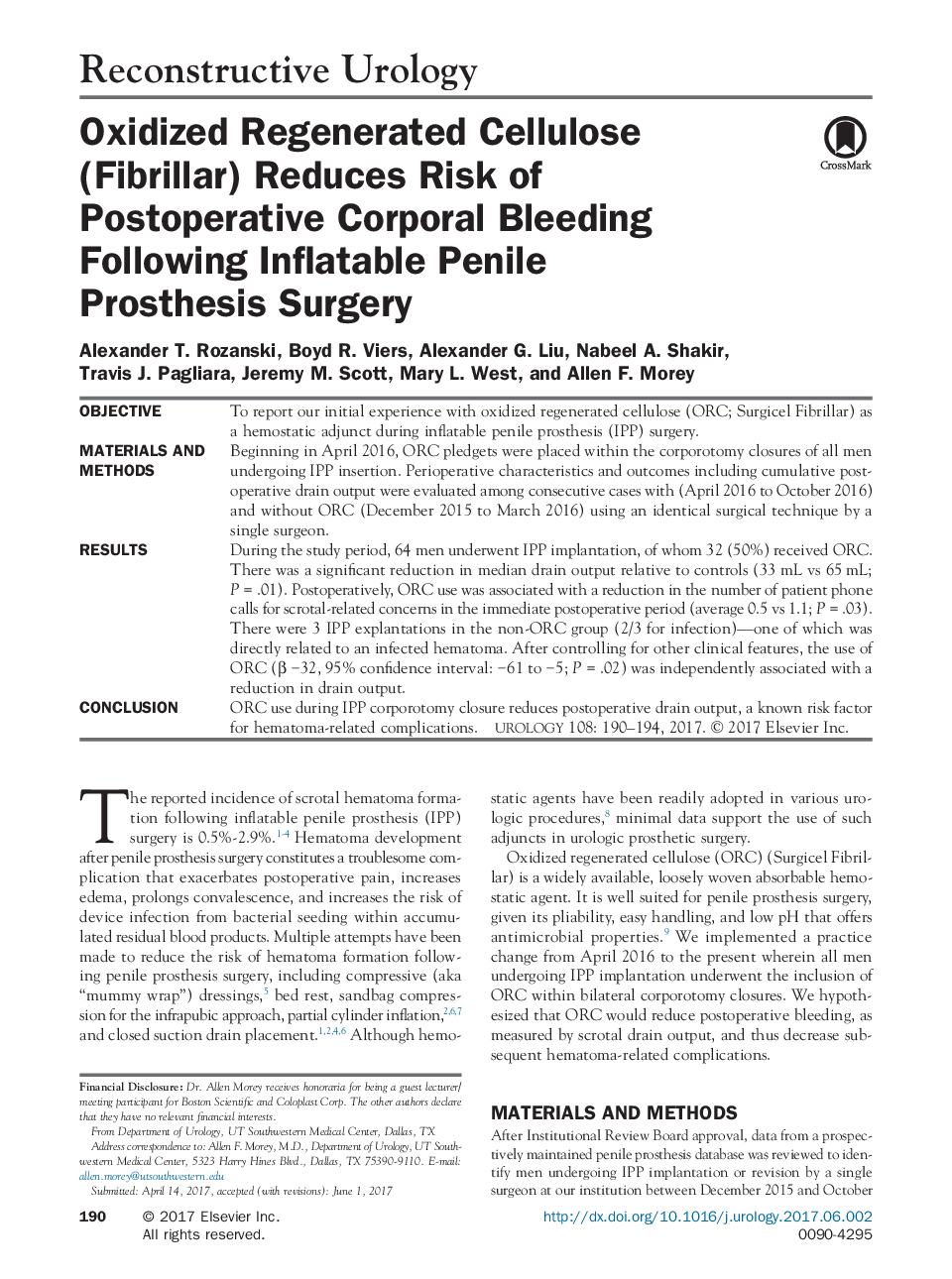 Oxidized Regenerated Cellulose (Fibrillar) Reduces Risk of Postoperative Corporal Bleeding Following Inflatable Penile Prosthesis Surgery