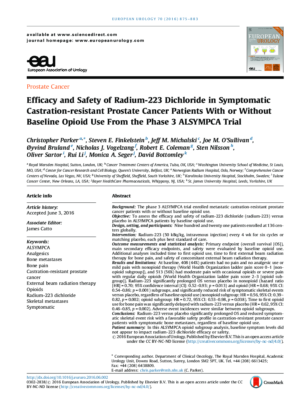 Efficacy and Safety of Radium-223 Dichloride in Symptomatic Castration-resistant Prostate Cancer Patients With or Without Baseline Opioid Use From the Phase 3 ALSYMPCA Trial