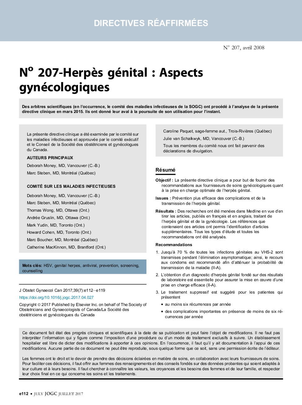 No 207-HerpÃ¨s génital : Aspects gynécologiques
