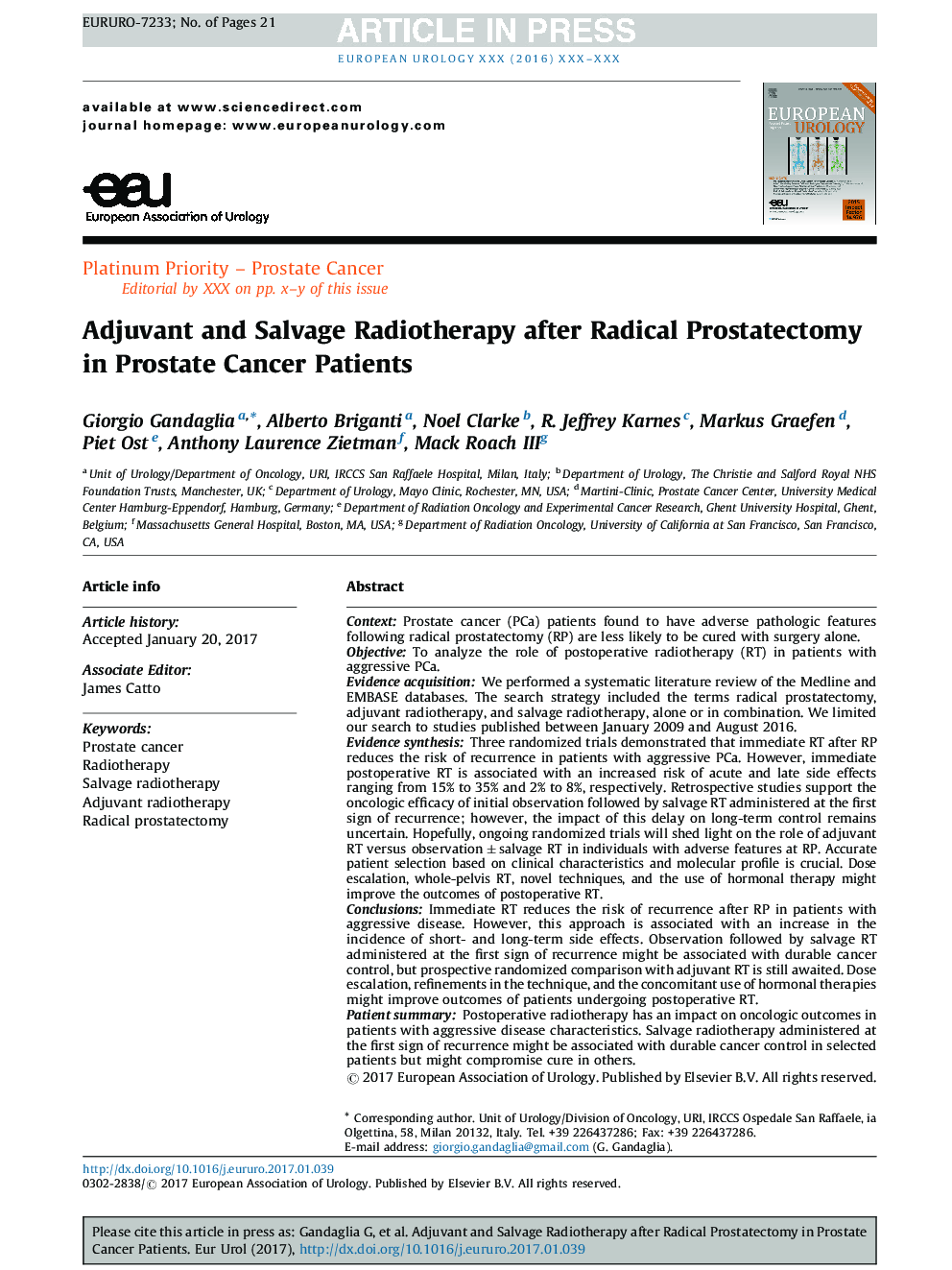 Adjuvant and Salvage Radiotherapy after Radical Prostatectomy in Prostate Cancer Patients
