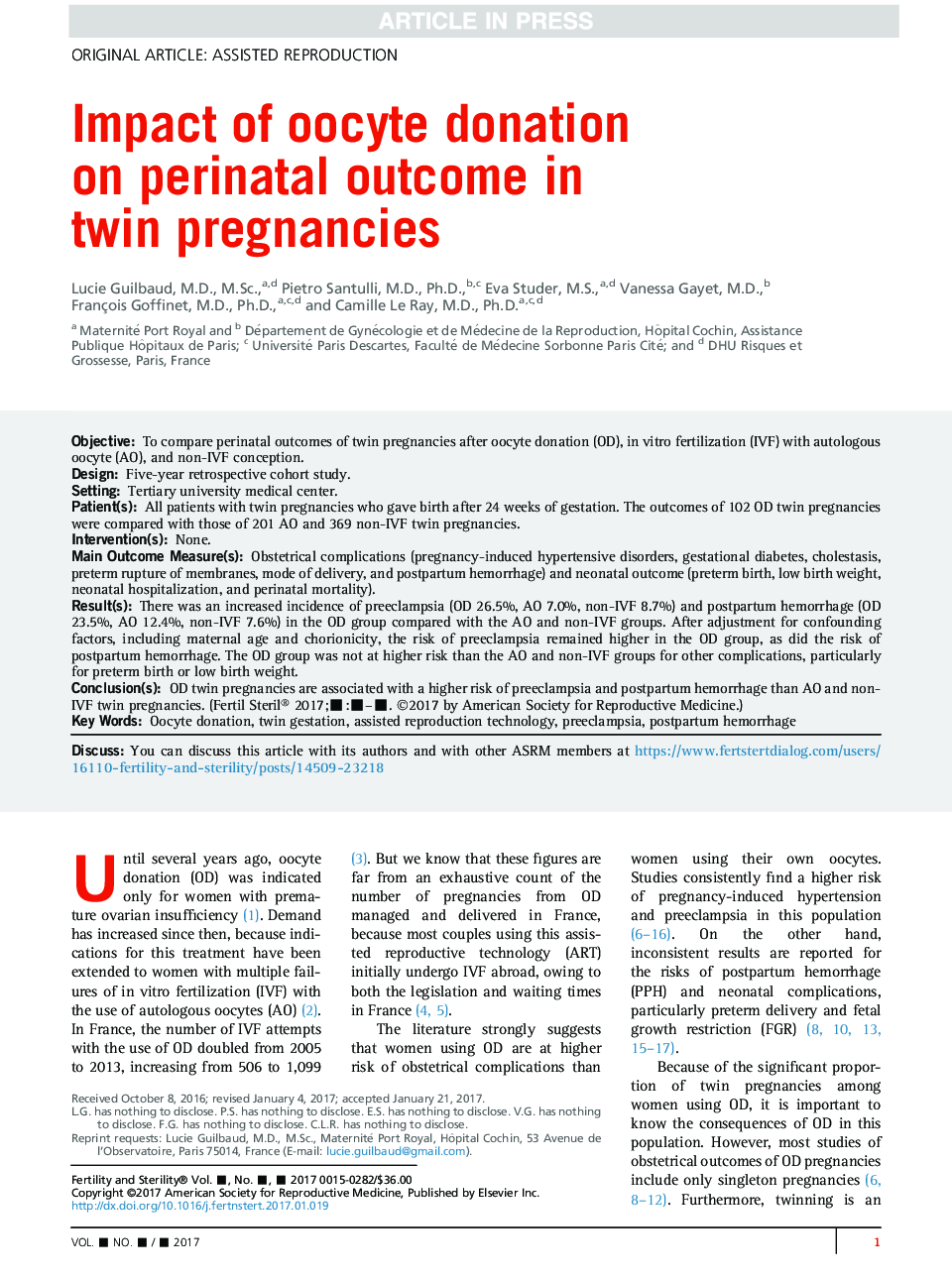 Impact of oocyte donation onÂ perinatal outcome in twin pregnancies