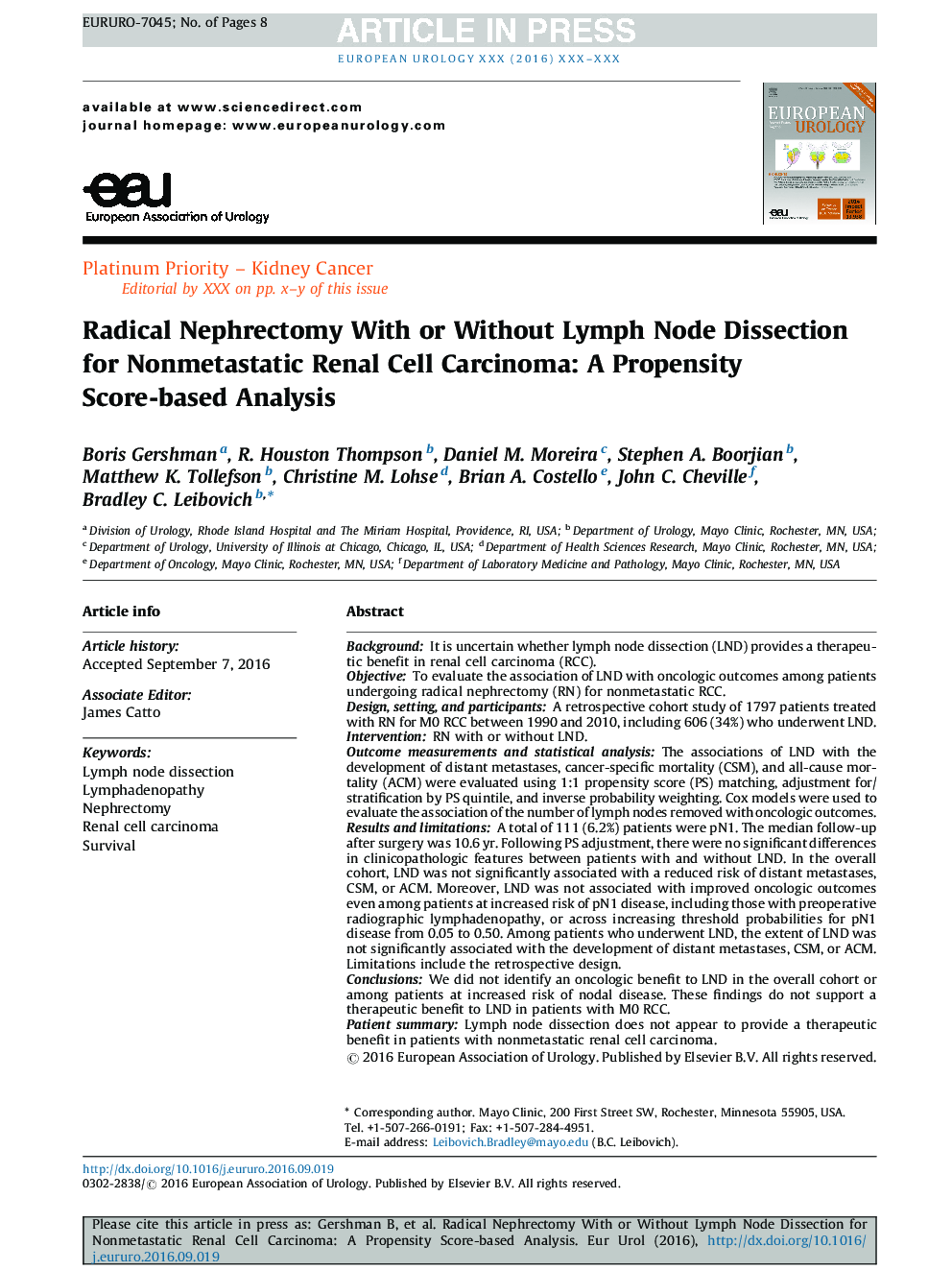 Radical Nephrectomy With or Without Lymph Node Dissection for Nonmetastatic Renal Cell Carcinoma: A Propensity Score-based Analysis