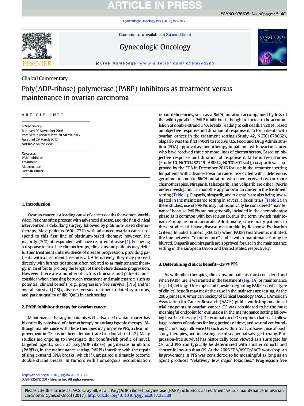 Poly(ADP-ribose) polymerase (PARP) inhibitors as treatment versus maintenance in ovarian carcinoma