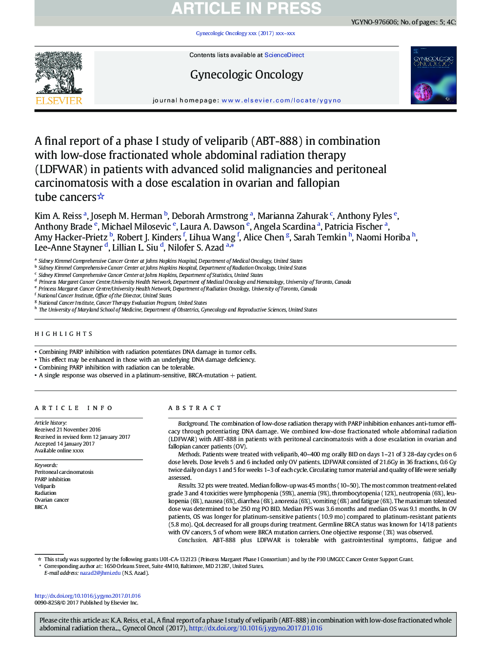 A final report of a phase I study of veliparib (ABT-888) in combination with low-dose fractionated whole abdominal radiation therapy (LDFWAR) in patients with advanced solid malignancies and peritoneal carcinomatosis with a dose escalation in ovarian and 