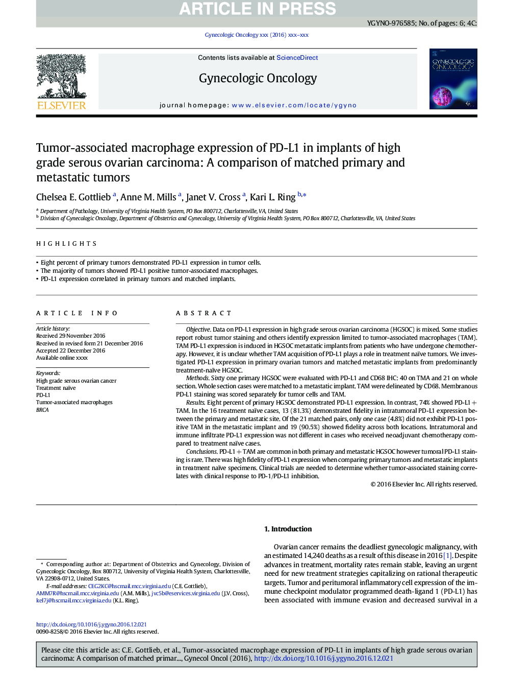Tumor-associated macrophage expression of PD-L1 in implants of high grade serous ovarian carcinoma: A comparison of matched primary and metastatic tumors
