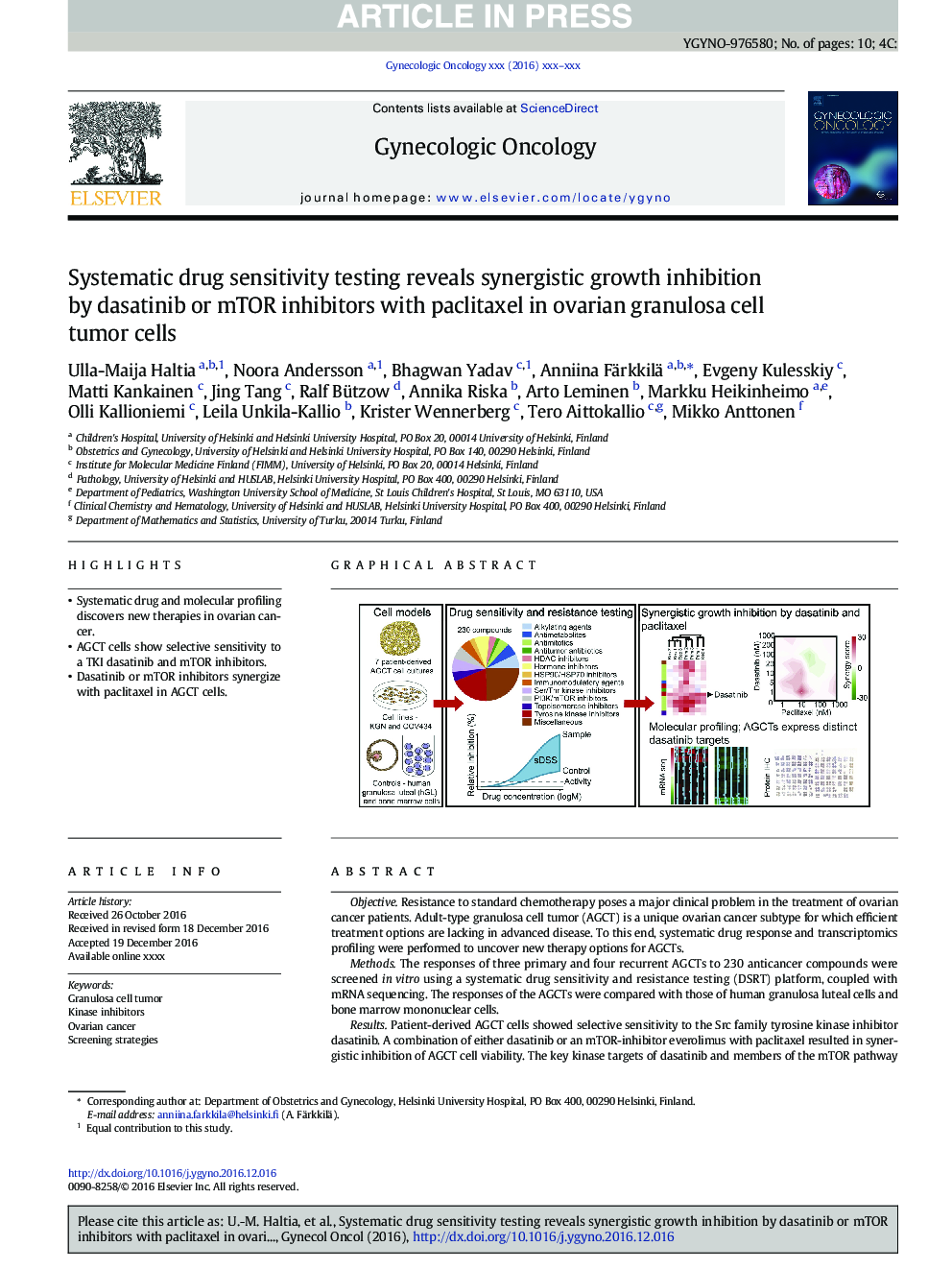 Systematic drug sensitivity testing reveals synergistic growth inhibition by dasatinib or mTOR inhibitors with paclitaxel in ovarian granulosa cell tumor cells