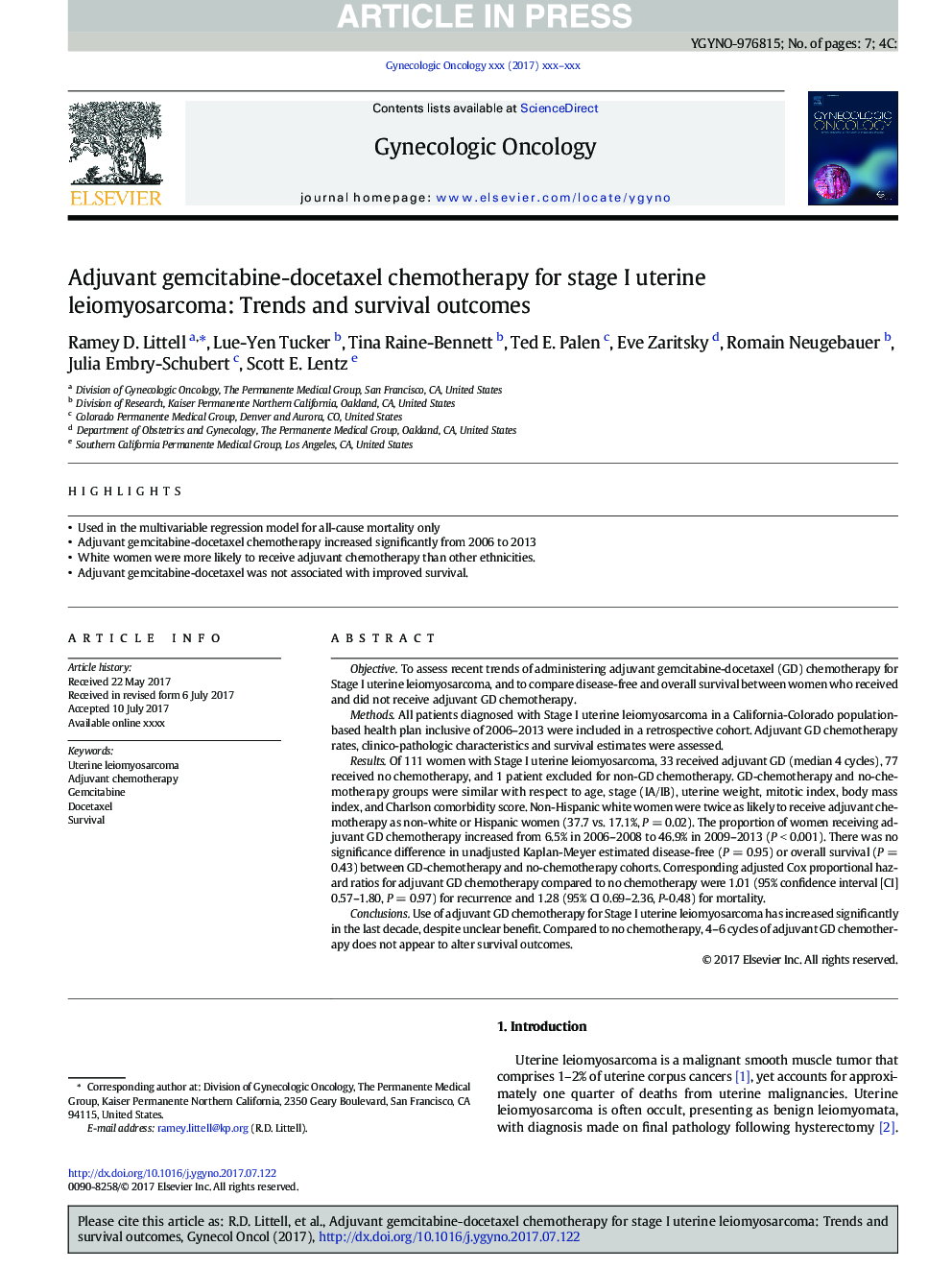 Adjuvant gemcitabine-docetaxel chemotherapy for stage I uterine leiomyosarcoma: Trends and survival outcomes