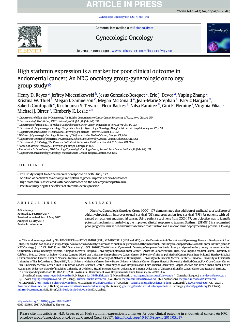 High stathmin expression is a marker for poor clinical outcome in endometrial cancer: An NRG oncology group/gynecologic oncology group study