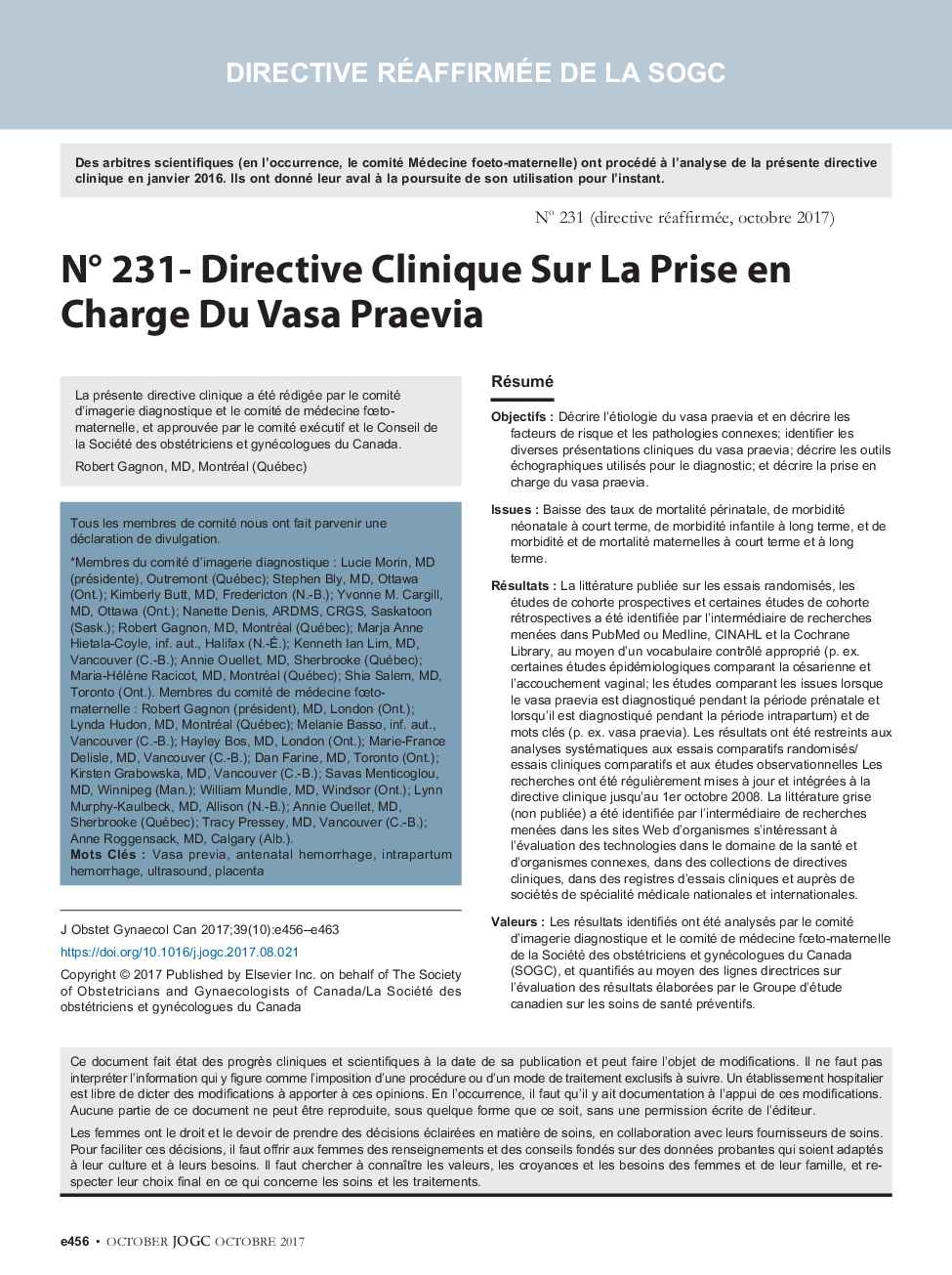 NÂ° 231- Directive Clinique Sur La Prise en Charge Du Vasa Praevia