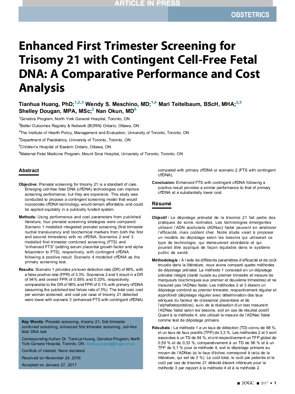 Enhanced First Trimester Screening for Trisomy 21 with Contingent Cell-Free Fetal DNA: A Comparative Performance and Cost Analysis