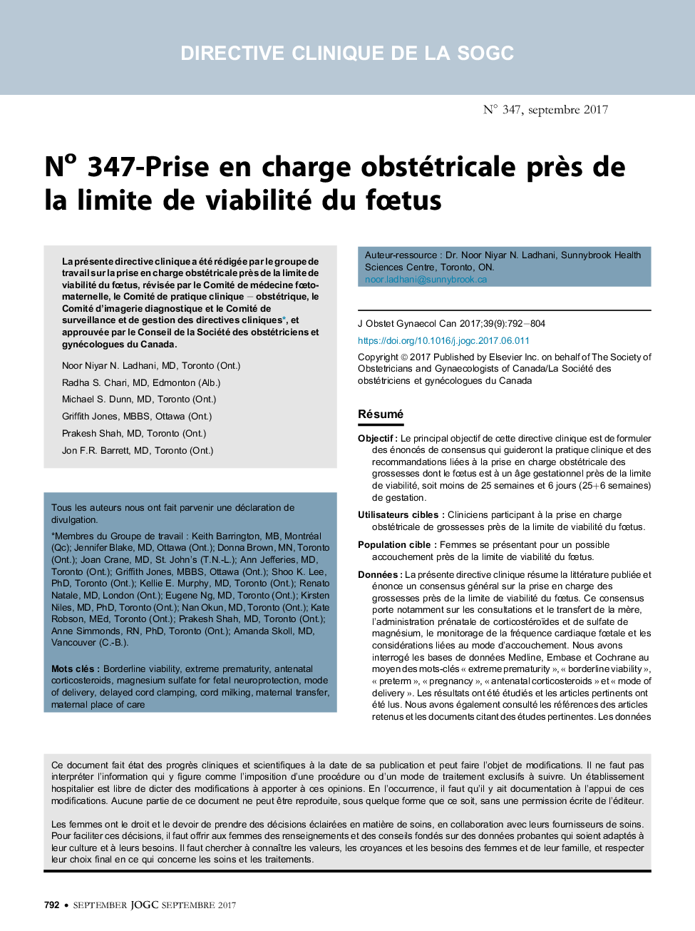 No 347-Prise en charge obstétricale prÃ¨s de la limite de viabilité du fÅtus