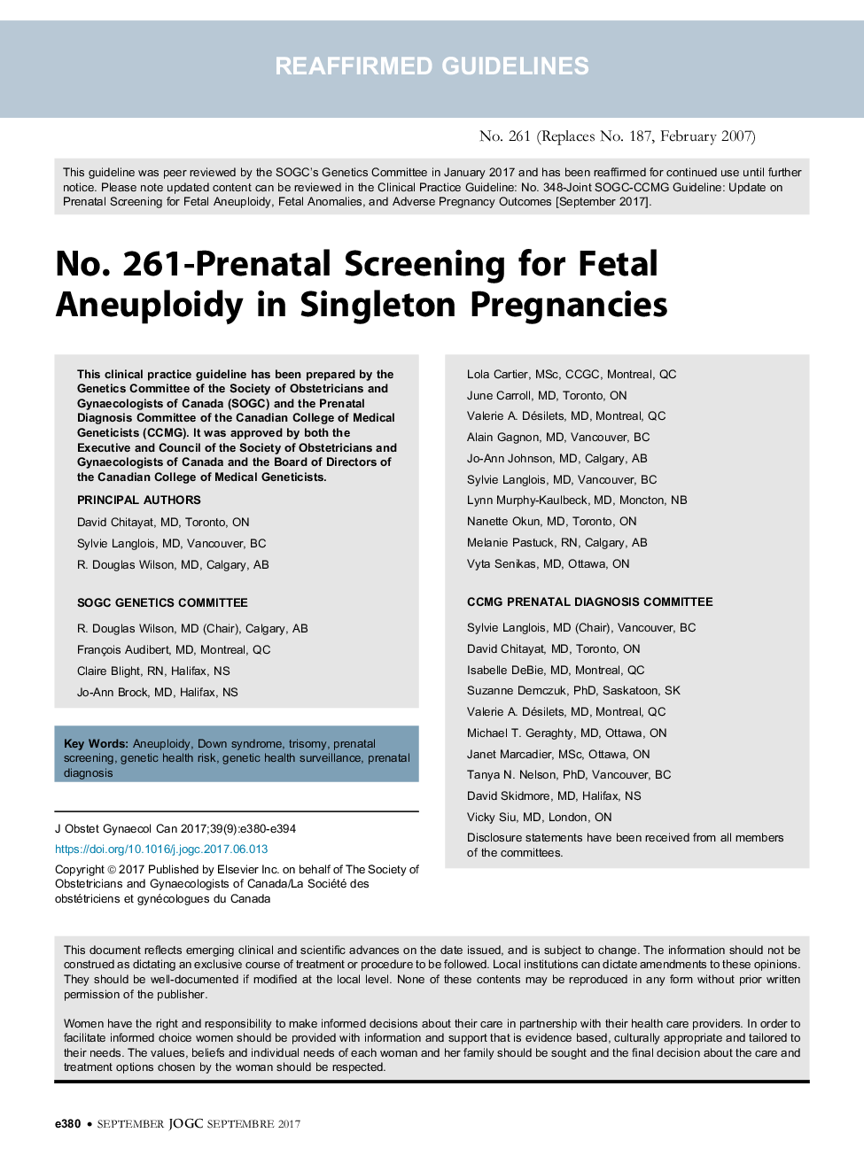 No. 261-Prenatal Screening for Fetal Aneuploidy in Singleton Pregnancies