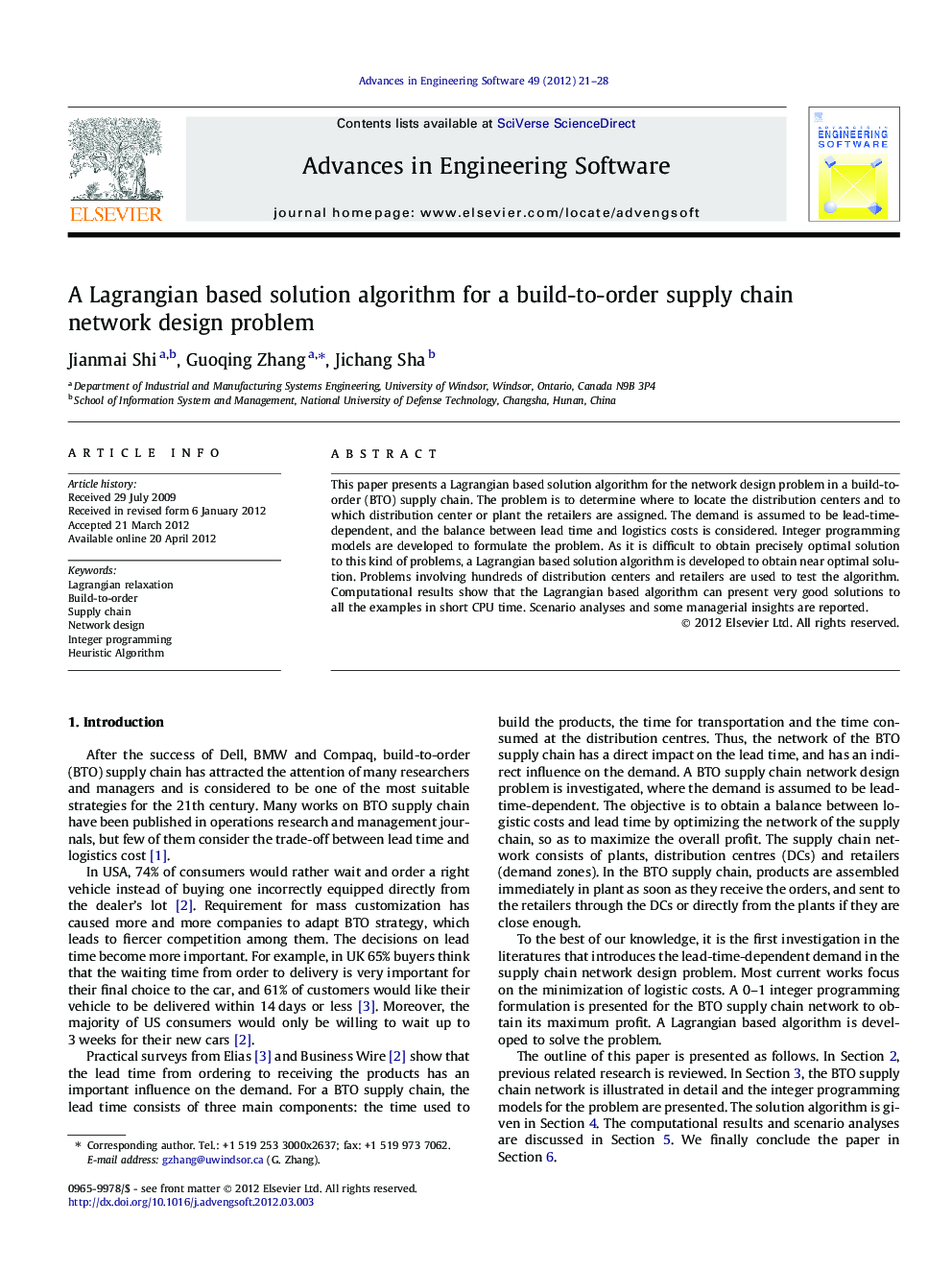 A Lagrangian based solution algorithm for a build-to-order supply chain network design problem