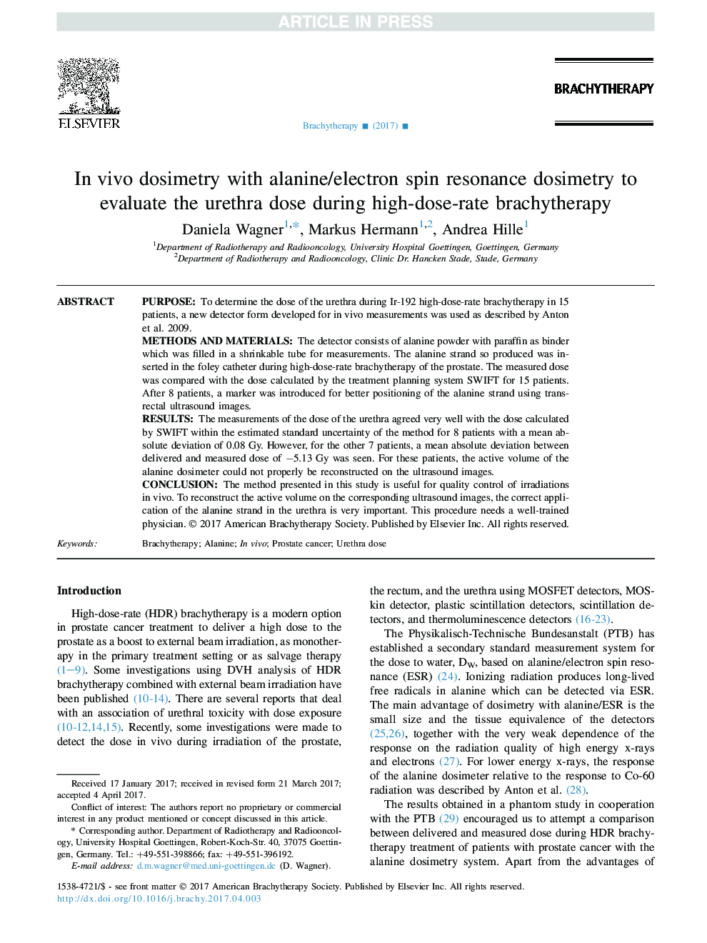 InÂ vivo dosimetry with alanine/electron spin resonance dosimetry to evaluate the urethra dose during high-dose-rate brachytherapy