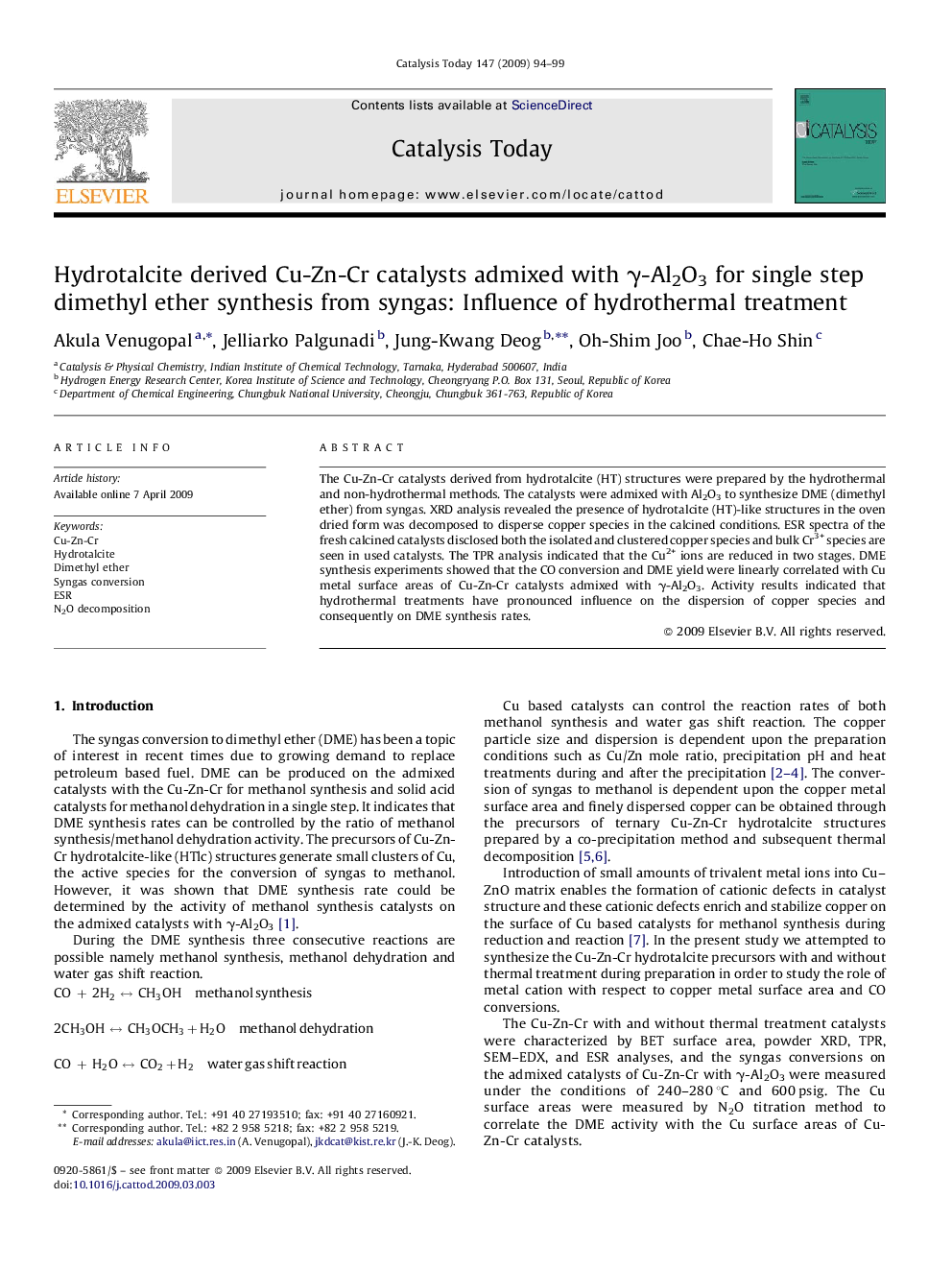 Hydrotalcite derived Cu-Zn-Cr catalysts admixed with γ-Al2O3 for single step dimethyl ether synthesis from syngas: Influence of hydrothermal treatment