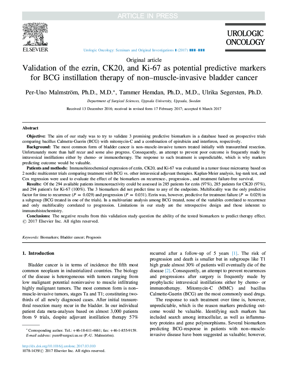 Validation of the ezrin, CK20, and Ki-67 as potential predictive markers for BCG instillation therapy of non-muscle-invasive bladder cancer