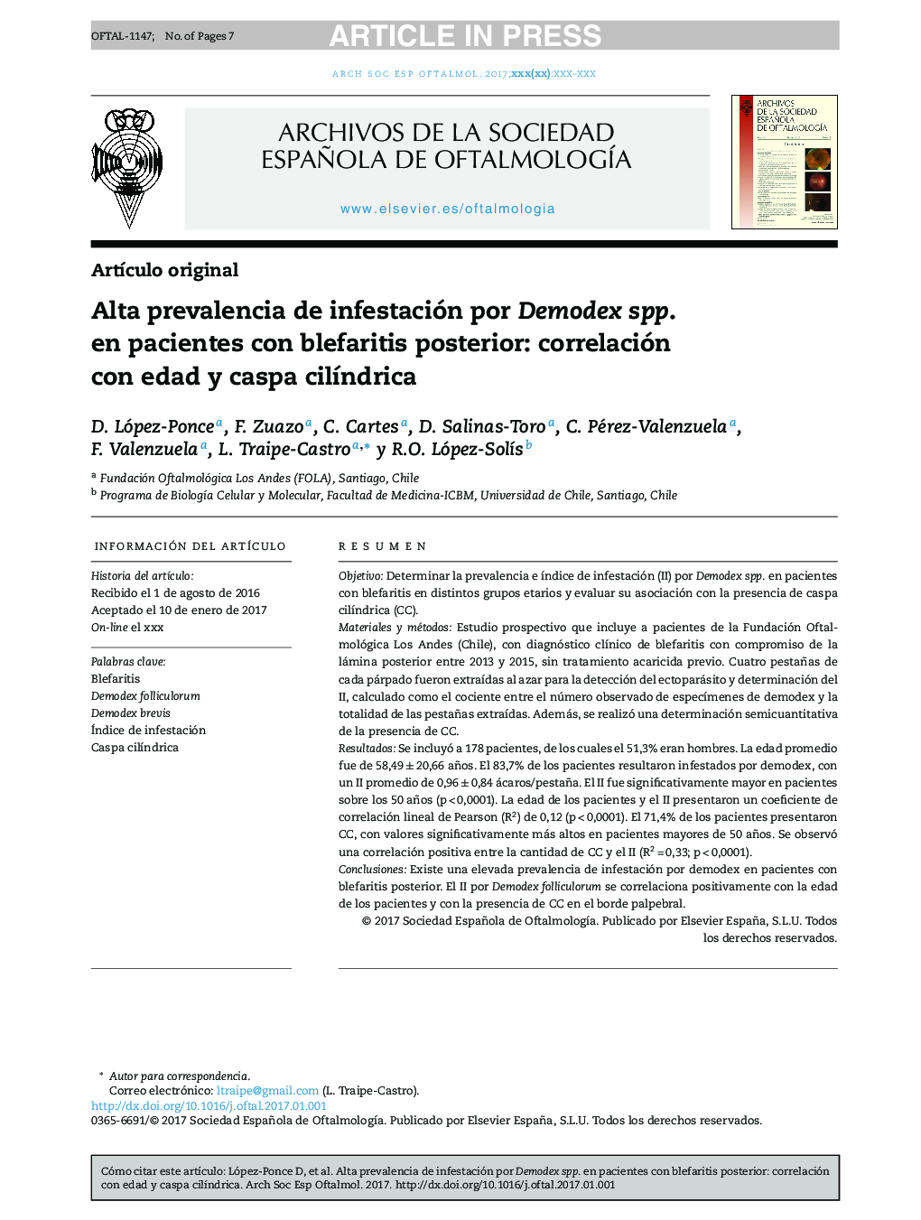 Alta prevalencia de infestación por Demodex spp. en pacientes con blefaritis posterior: correlación con edad y caspa cilÃ­ndrica