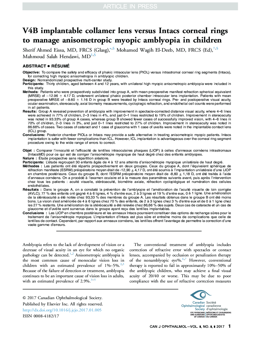 V4B implantable collamer lens versus Intacs corneal rings to manage anisometropic myopic amblyopia in children