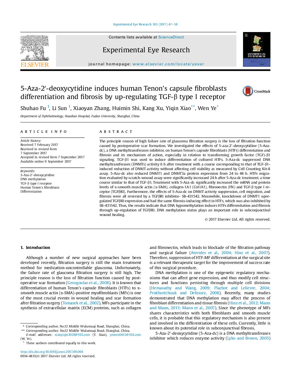 5-Aza-2â²-deoxycytidine induces human Tenon's capsule fibroblasts differentiation and fibrosis by up-regulating TGF-Î² type I receptor