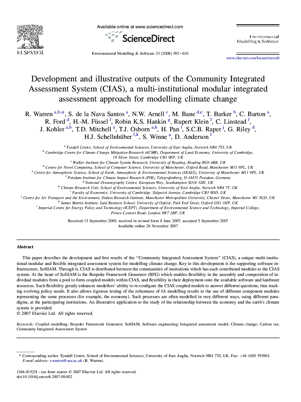 Development and illustrative outputs of the Community Integrated Assessment System (CIAS), a multi-institutional modular integrated assessment approach for modelling climate change