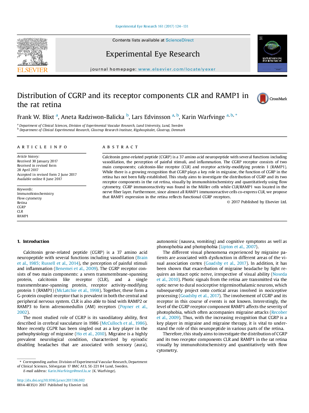 Distribution of CGRP and its receptor components CLR and RAMP1 in the rat retina