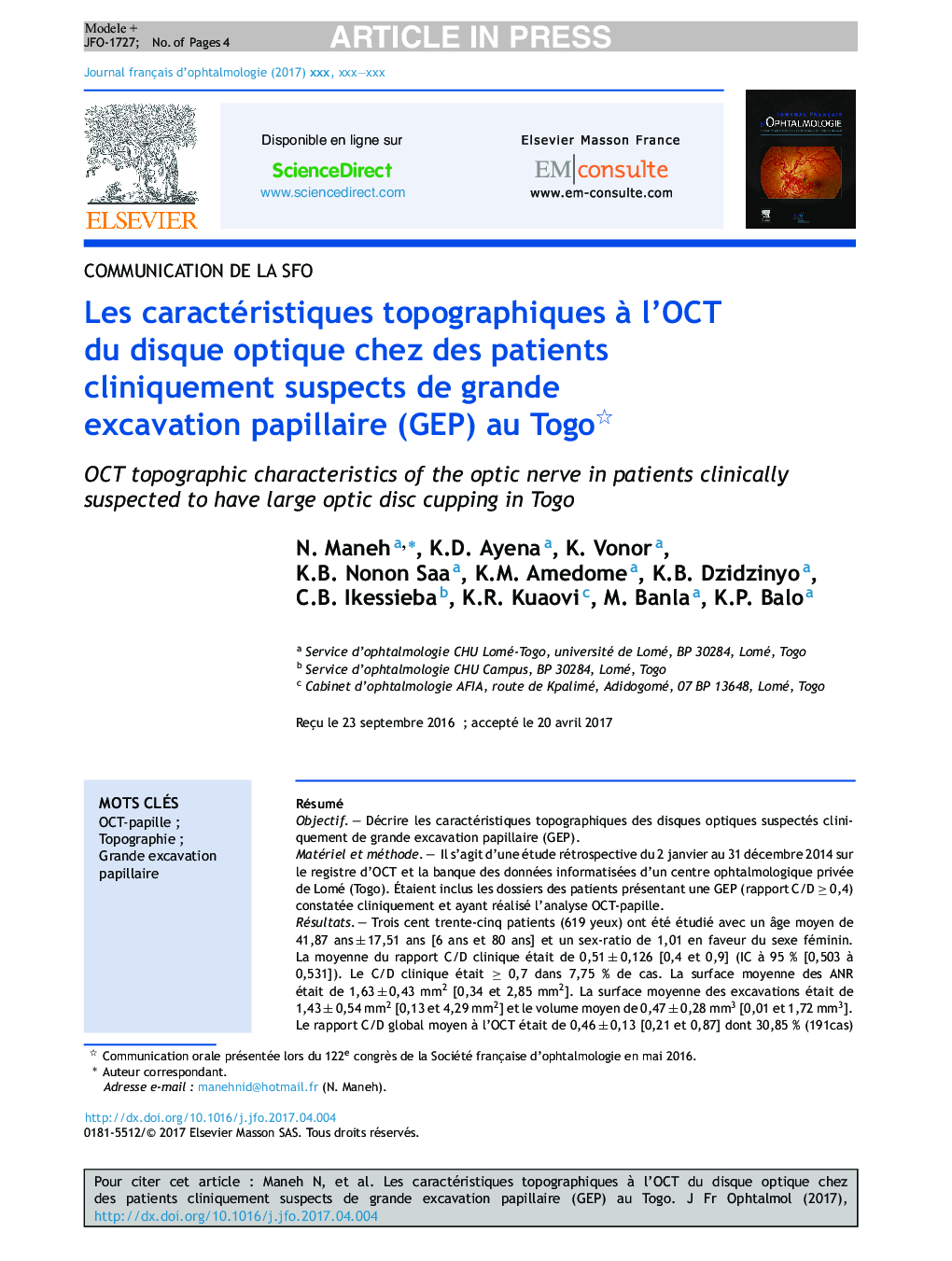 Les caractéristiques topographiques Ã  l'OCT du disque optique chez des patients cliniquement suspects de grande excavation papillaire (GEP) au Togo