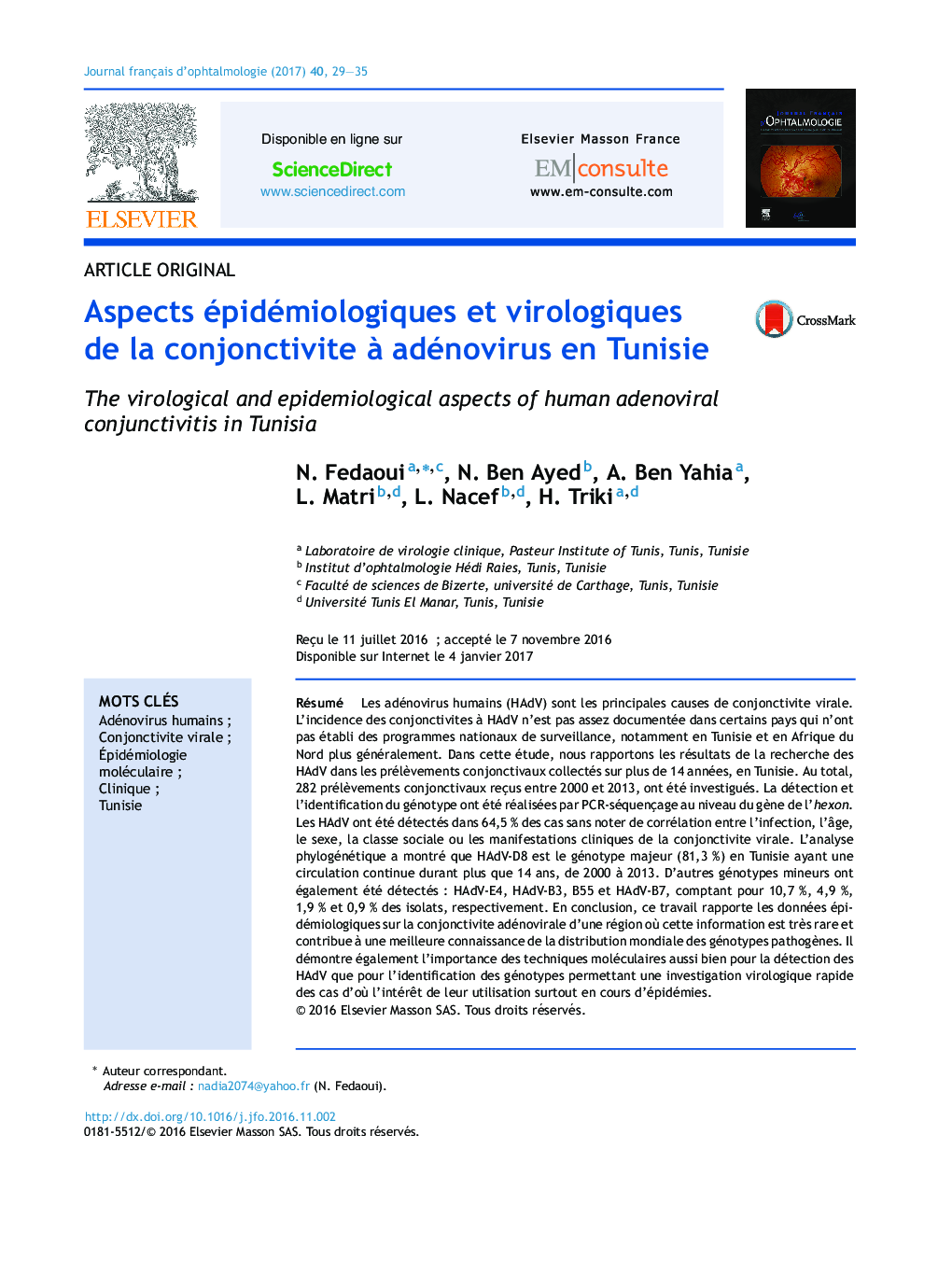 Aspects épidémiologiques et virologiques de la conjonctivite Ã  adénovirus en Tunisie