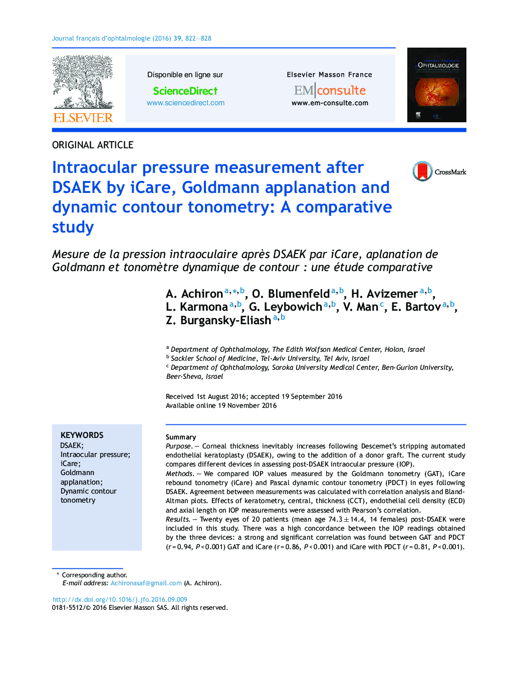 Intraocular pressure measurement after DSAEK by iCare, Goldmann applanation and dynamic contour tonometry: A comparative study