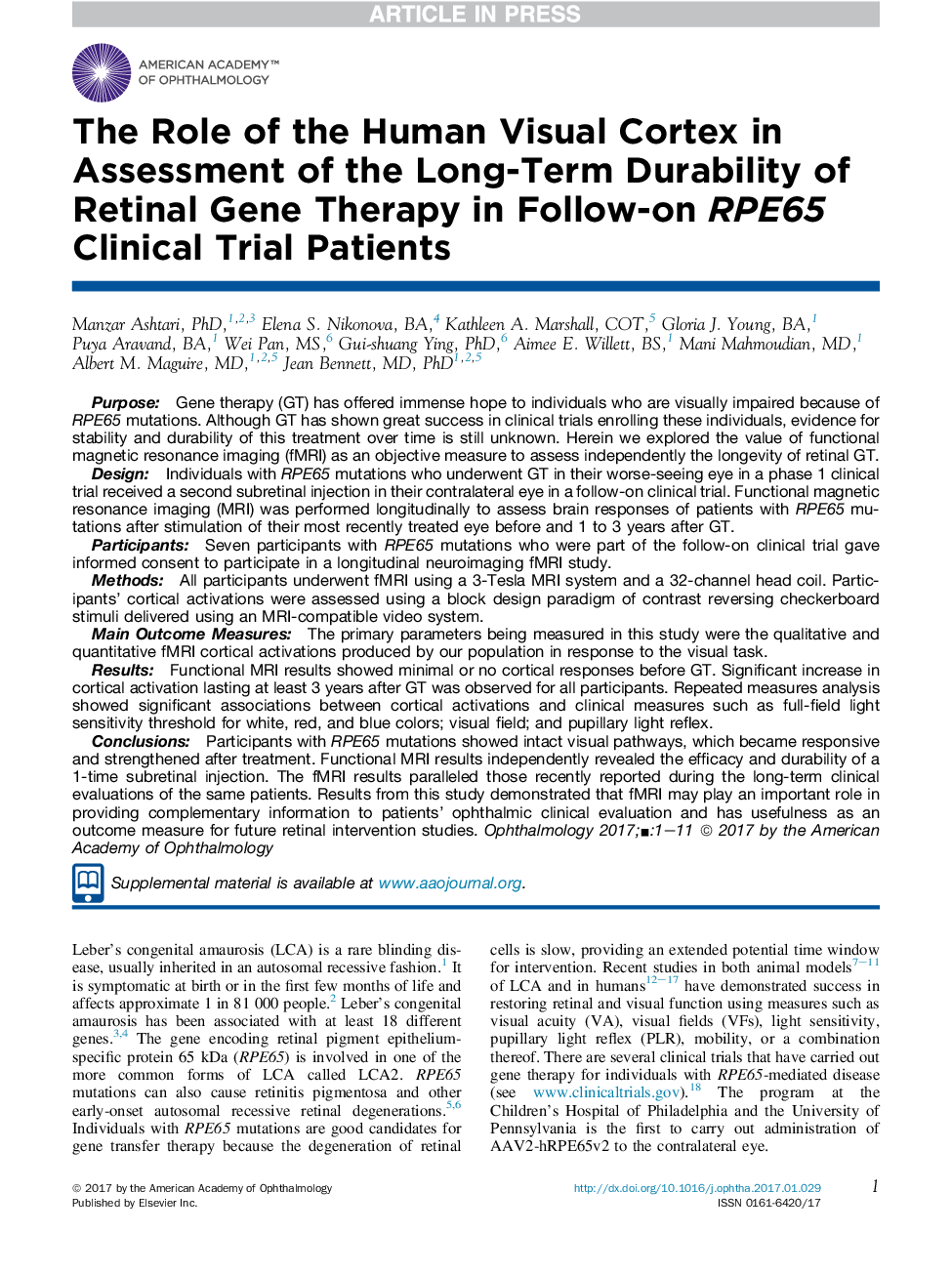 The Role of the Human Visual Cortex in Assessment of the Long-Term Durability of Retinal Gene Therapy in Follow-on RPE65 Clinical Trial Patients
