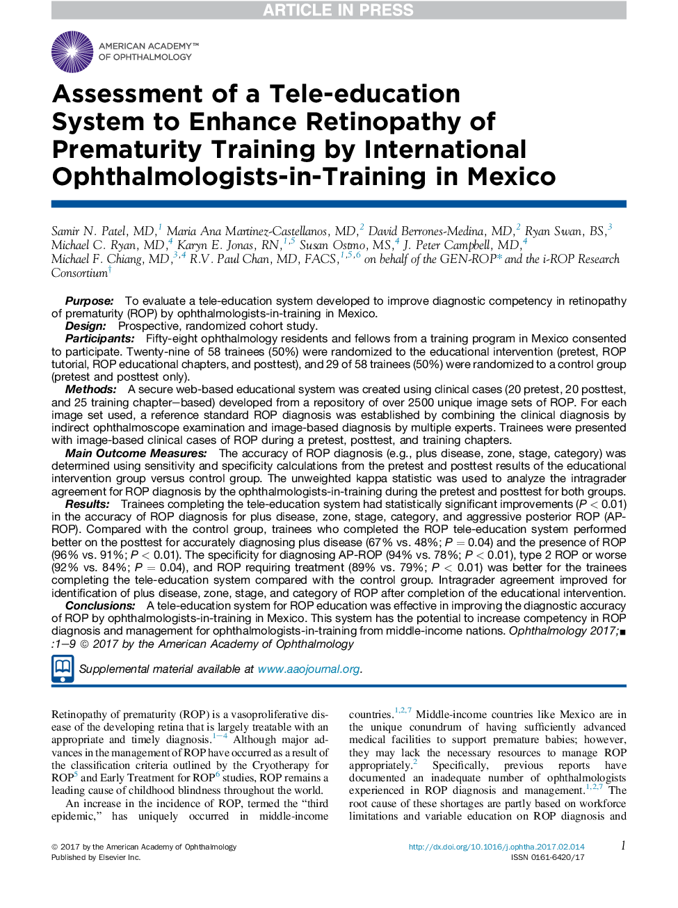 Assessment of a Tele-education SystemÂ toÂ Enhance Retinopathy of Prematurity Training by International Ophthalmologists-in-Training in Mexico
