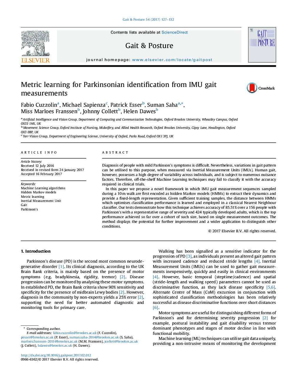 Metric learning for Parkinsonian identification from IMU gait measurements
