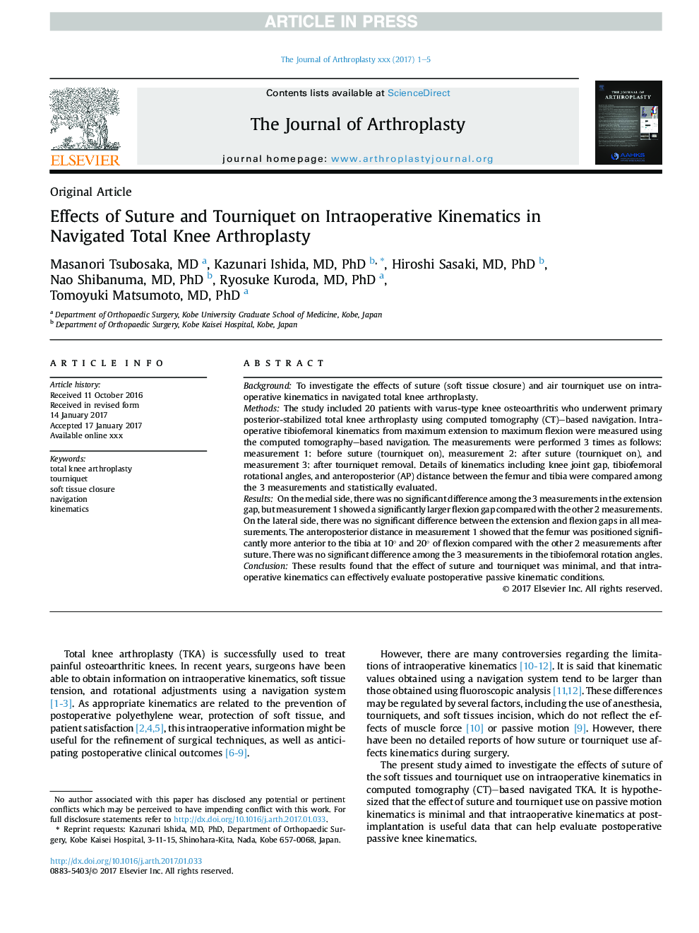 Effects of Suture and Tourniquet on Intraoperative Kinematics in Navigated Total Knee Arthroplasty