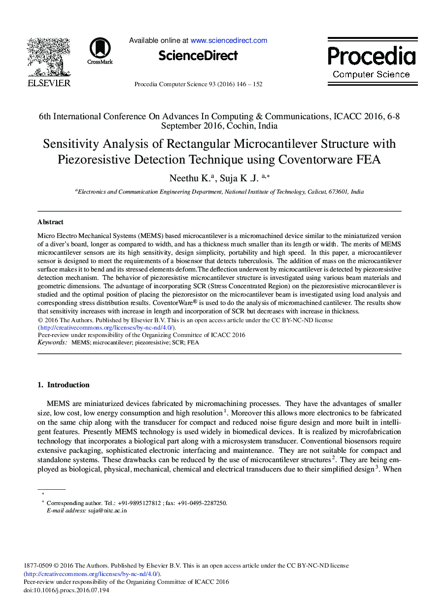 Sensitivity Analysis of Rectangular Microcantilever Structure with Piezoresistive Detection Technique Using Coventorware FEA 