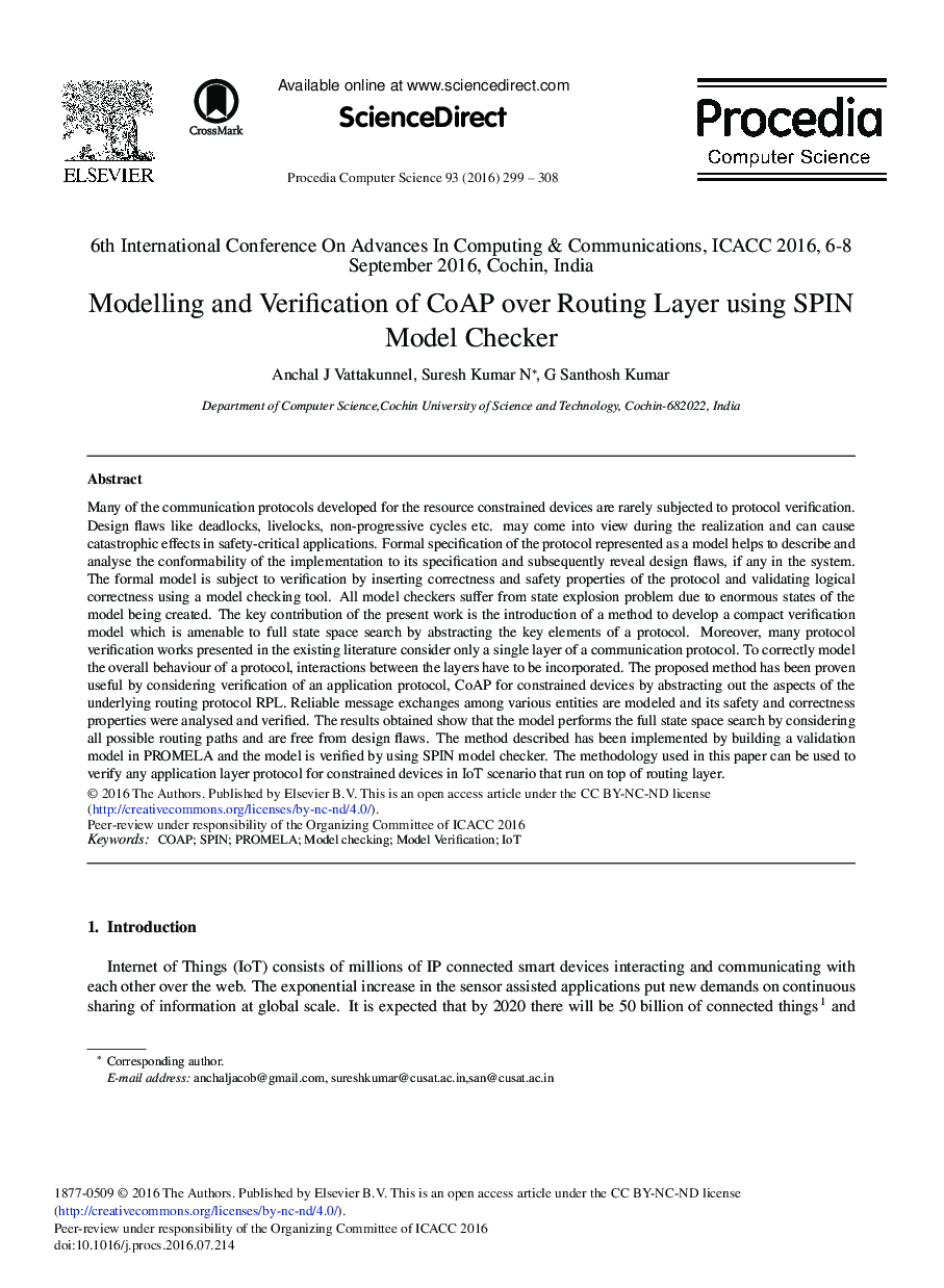 Modelling and Verification of CoAP over Routing Layer Using SPIN Model Checker 