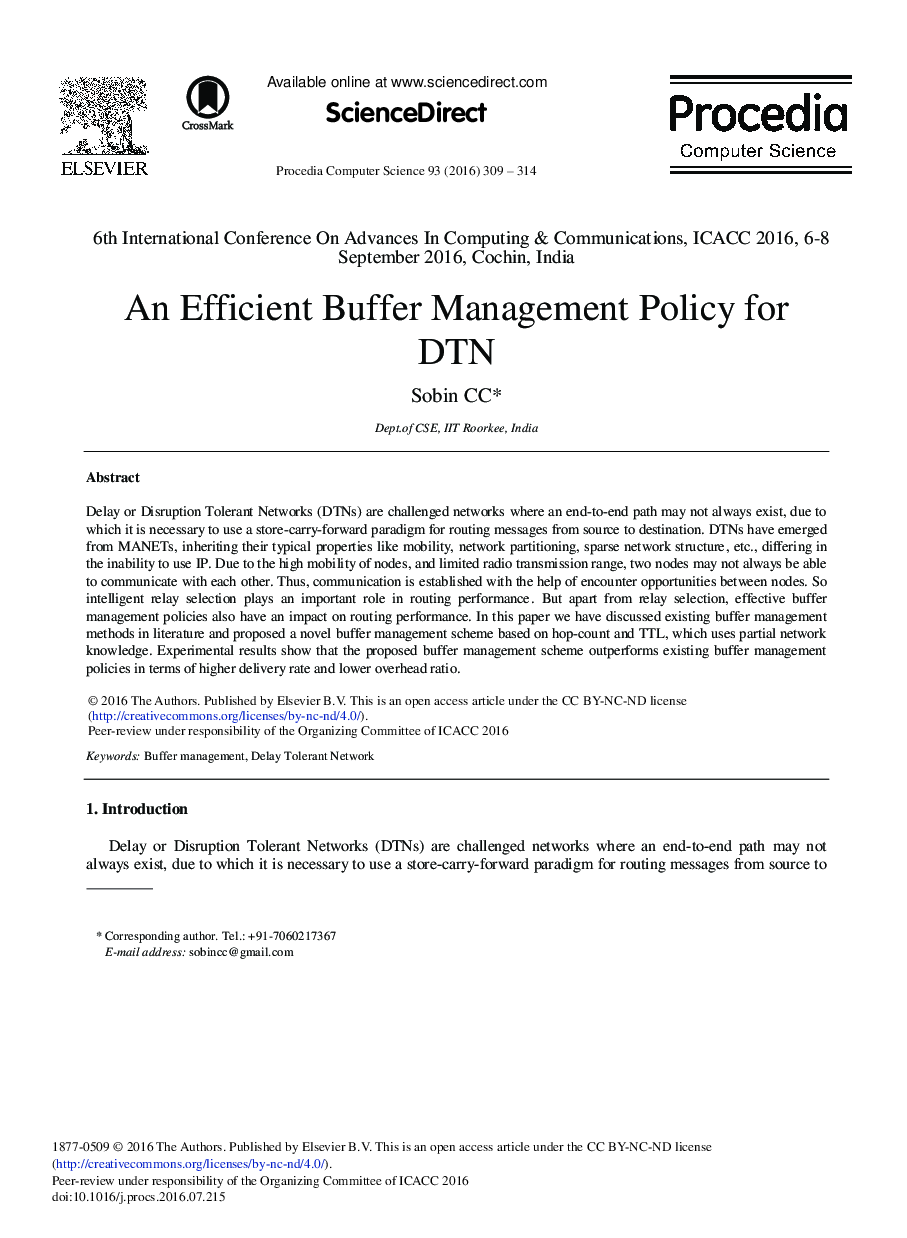 An Efficient Buffer Management Policy for DTN 
