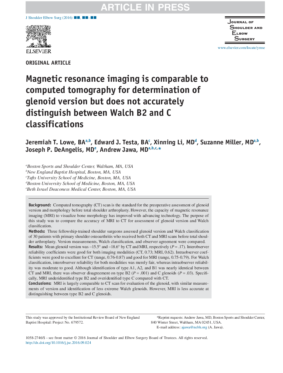 Magnetic resonance imaging is comparable to computed tomography for determination of glenoid version but does not accurately distinguish between Walch B2 and C classifications