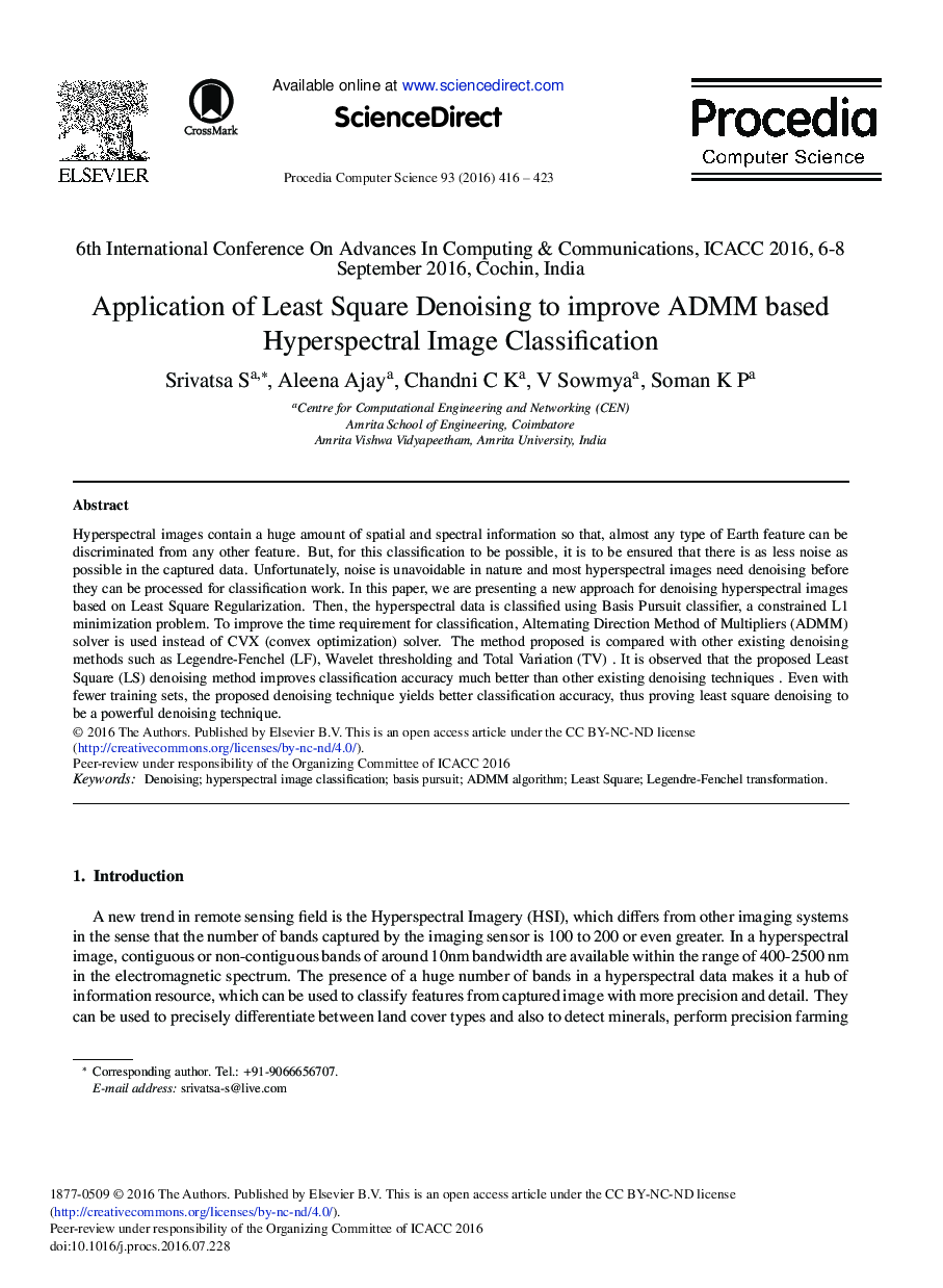 Application of Least Square Denoising to Improve ADMM Based Hyperspectral Image Classification 