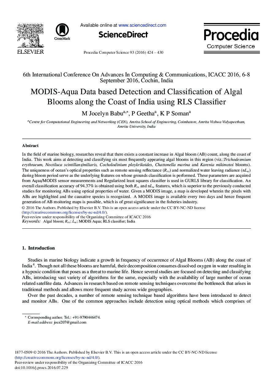 MODIS-Aqua Data Based Detection and Classification of Algal Blooms along the Coast of India Using RLS Classifier 