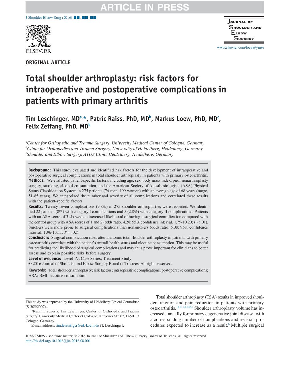آرتروپلاستی شانه: عوامل خطرساز برای عوارض درمانی و پس از عمل در بیماران مبتلا به آرتروز اولیه 