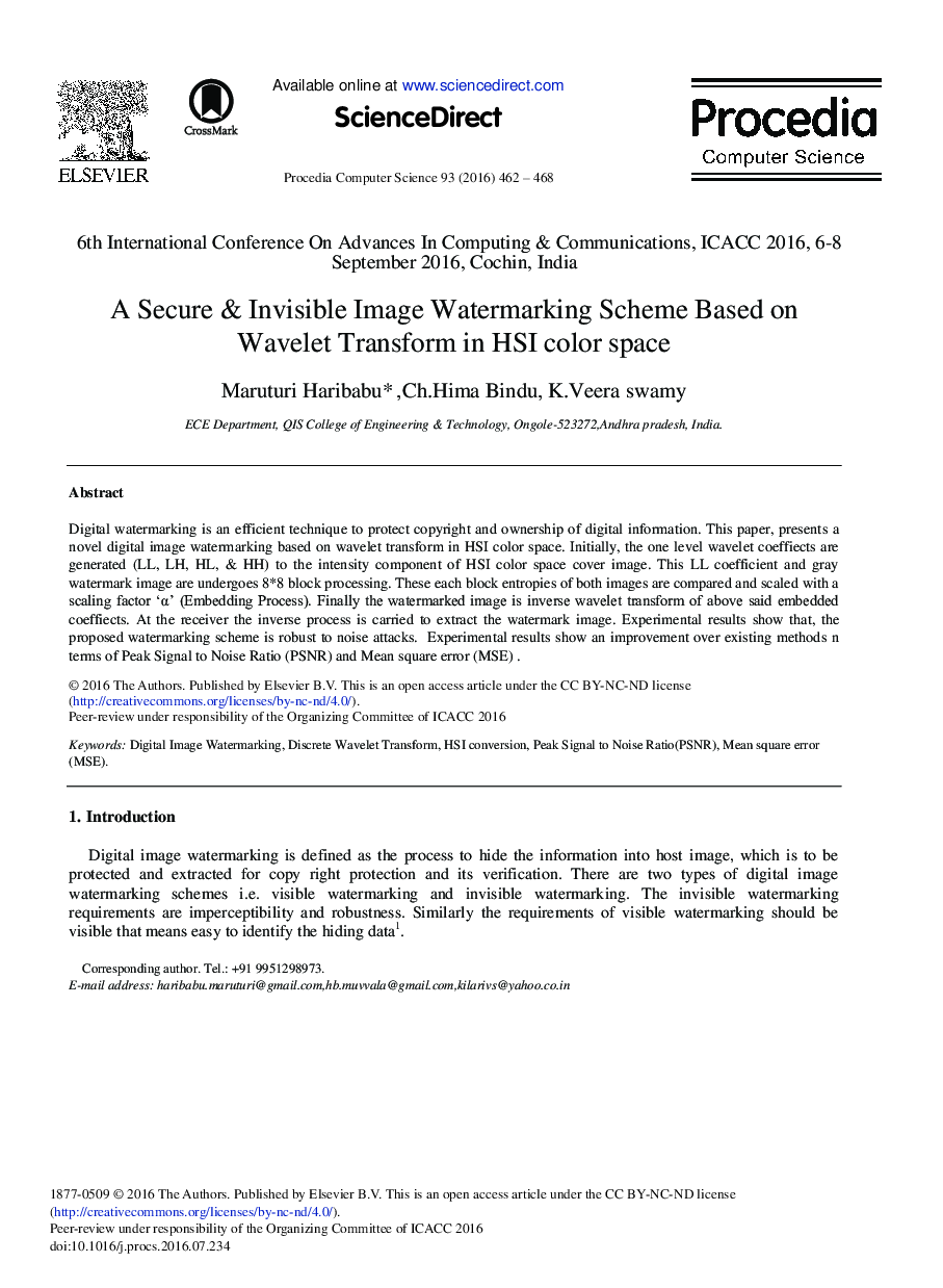 A Secure & Invisible Image Watermarking Scheme Based on Wavelet Transform in HSI Color Space 