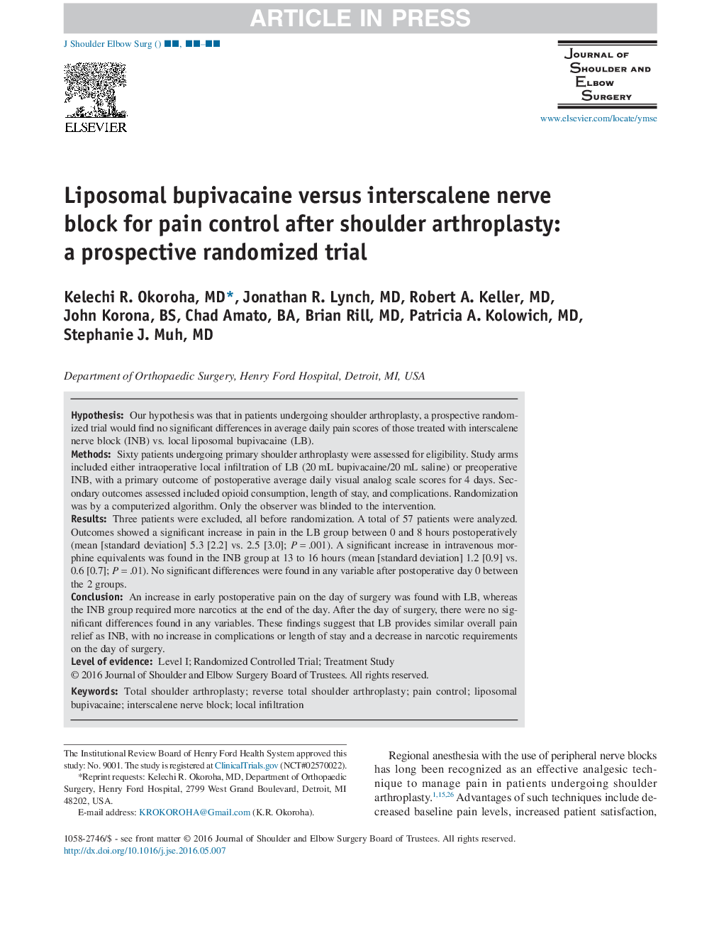 بلوپای لیپوسومال بوپیواکائین در مقابل انتراسکالن برای کنترل درد بعد از آرتروپلاستی شانه: یک آزمایش تصادفی آیندهنگر 
