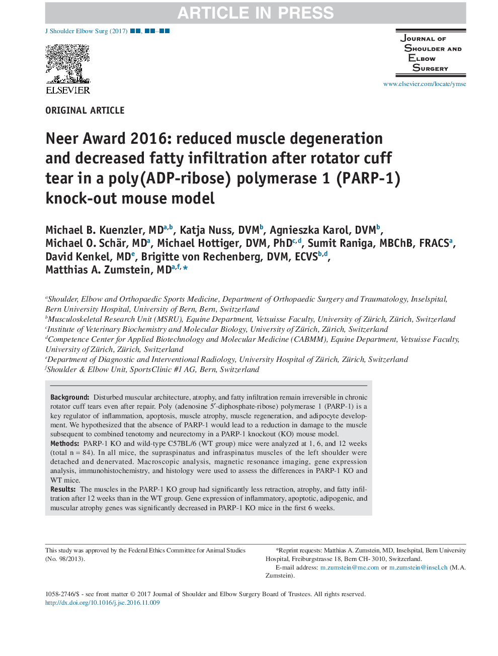 Neer Award 2016: reduced muscle degeneration and decreased fatty infiltration after rotator cuff tear in a poly(ADP-ribose) polymerase 1 (PARP-1) knock-out mouse model