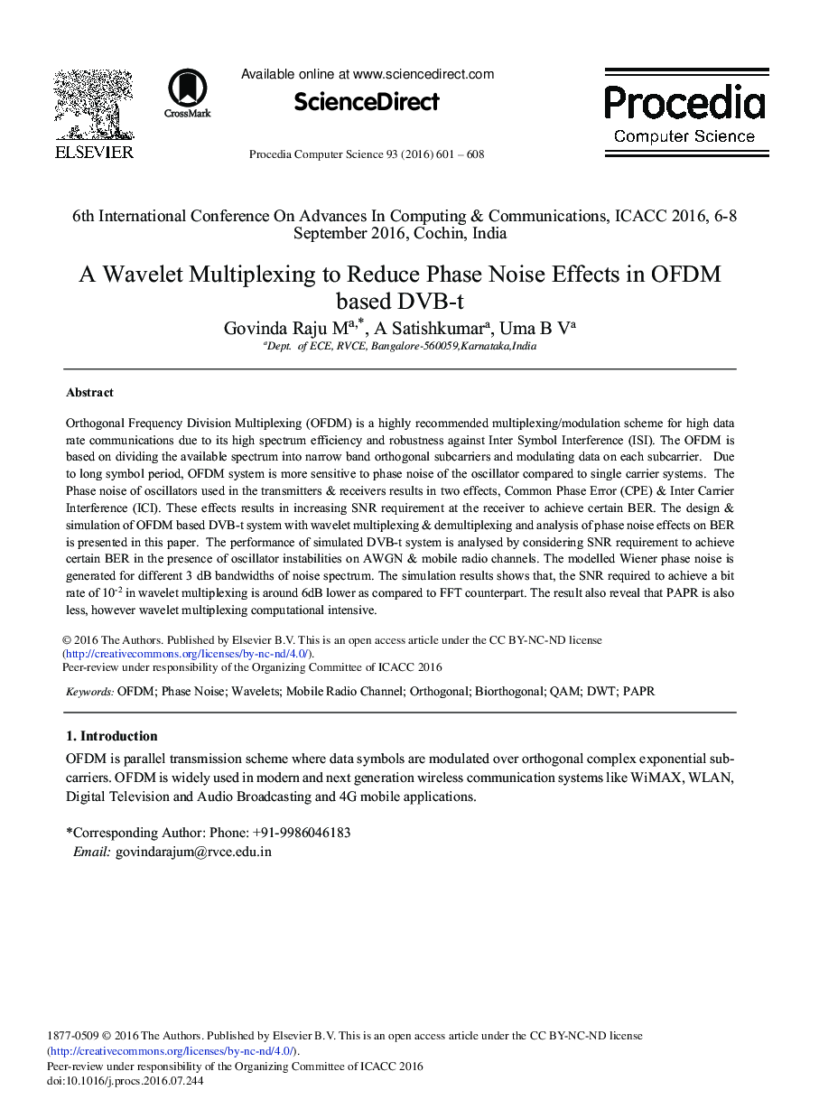 A Wavelet Multiplexing to Reduce Phase Noise Effects in OFDM based DVB-t 