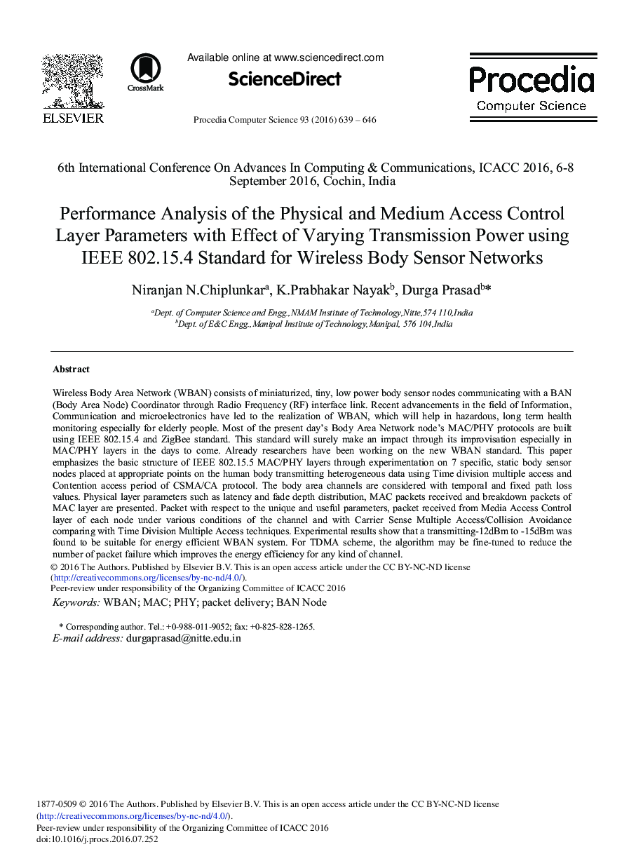 Performance Analysis of the Physical and Medium Access Control Layer Parameters with Effect of Varying Transmission Power Using IEEE 802.15.4 Standard for Wireless Body Sensor Networks 