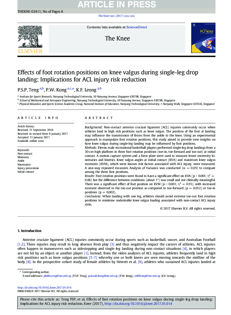 Effects of foot rotation positions on knee valgus during single-leg drop landing: Implications for ACL injury risk reduction