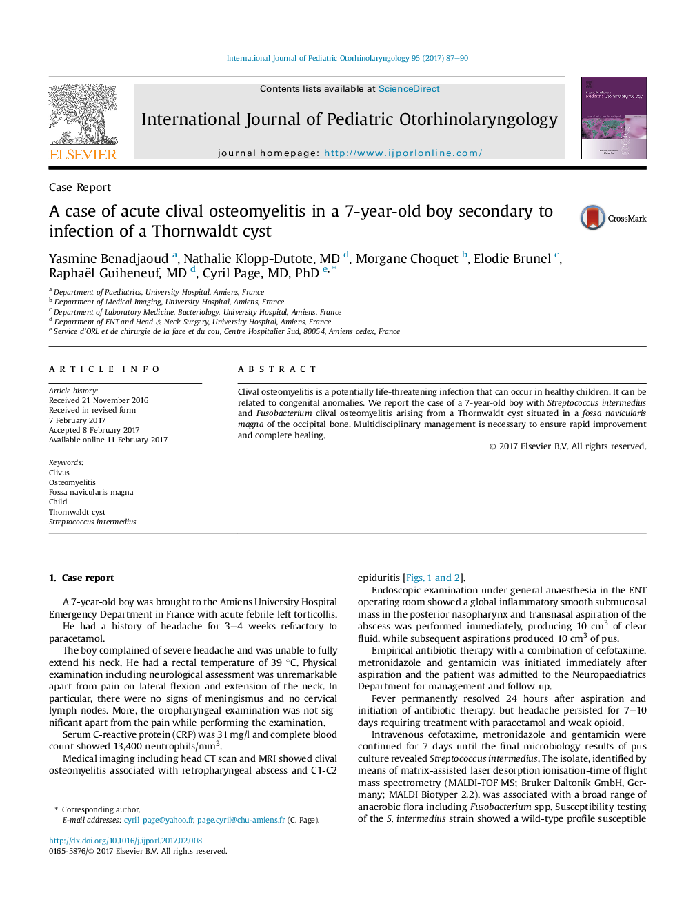 A case of acute clival osteomyelitis in a 7-year-old boy secondary to infection of a Thornwaldt cyst