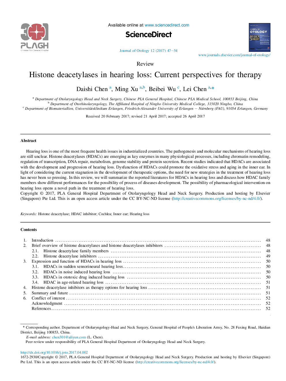 Histone deacetylases in hearing loss: Current perspectives for therapy