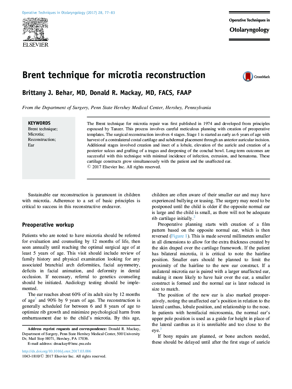 Brent technique for microtia reconstruction